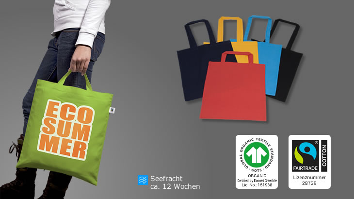 Farbige Stofftaschen, kurze Henkel (Fairtrade / Bio)